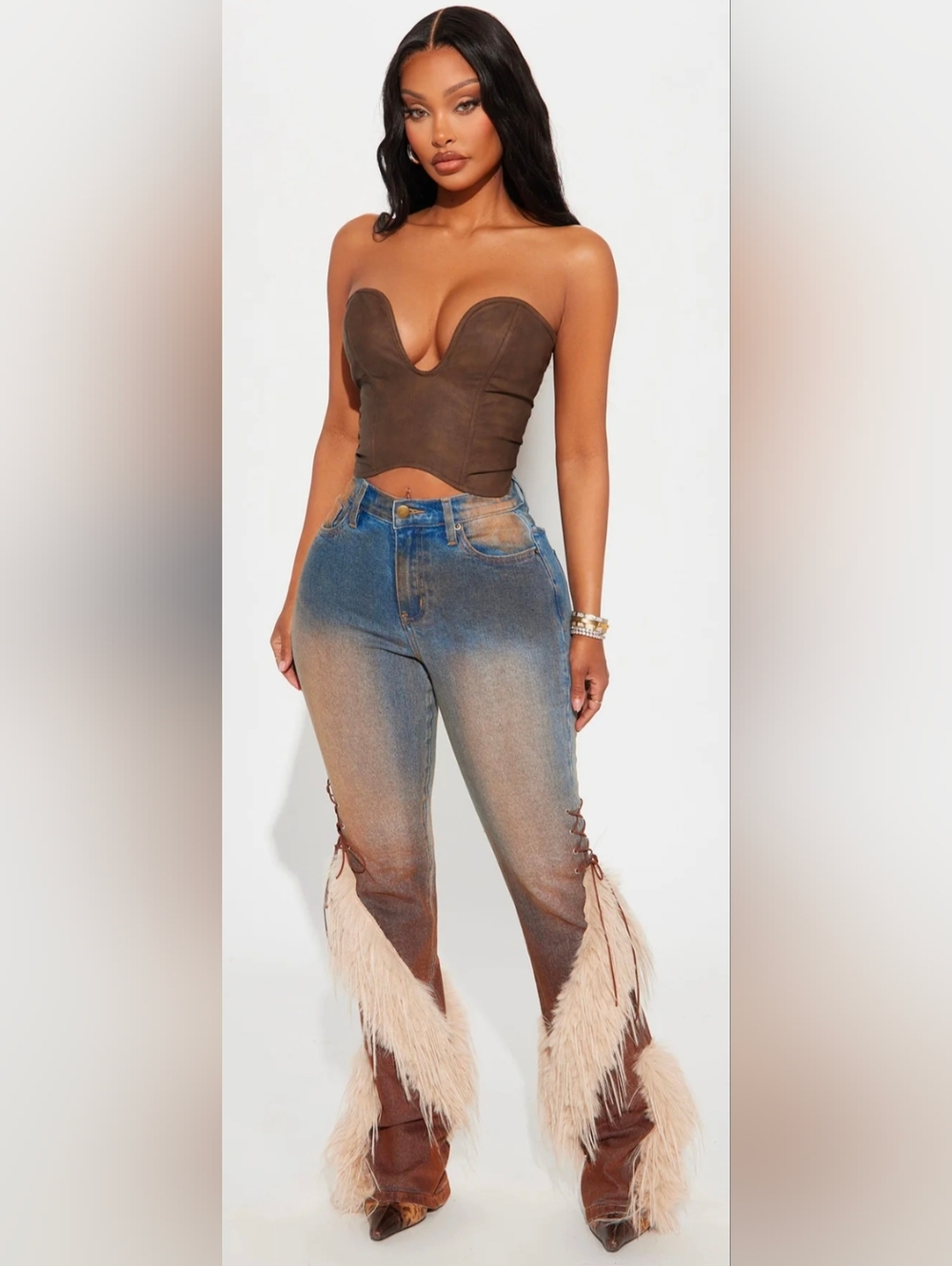 NWT- Women's Blue Distressed Flare Jeans with Cream Faux Fur Trim Size 7